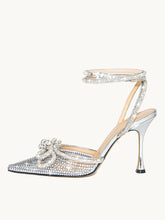 Silver Clear Rhinestone Double Bow Pumps With Pointed Toe Flared Heel Ankle Strap